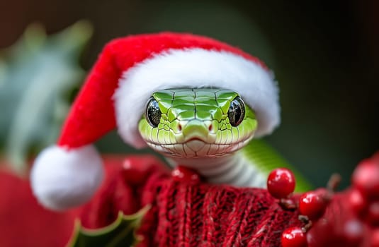This vibrant snake, adorned with a Santa hat, sits elegantly amidst Christmas decorations, radiating holiday cheer.