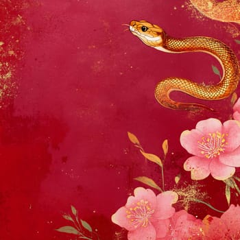 A golden snake is surrounded by pink flowers against a deep red backdrop, showcasing a striking blend of colors and natural elements.