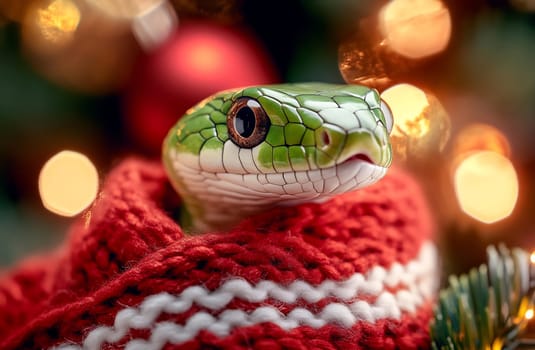 A green snake peeks out from a red sweater with white stripes, surrounded by colorful holiday decorations and glowing lights.