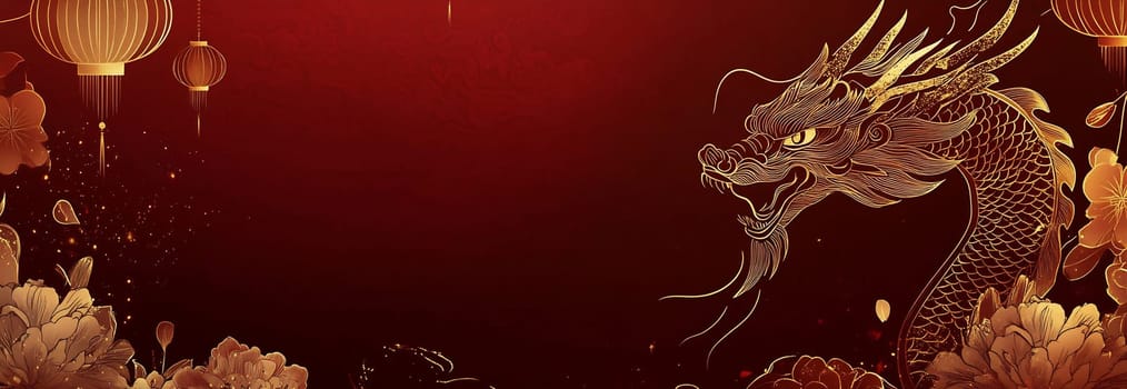Decorative elements feature a fierce dragon entwined among glowing lanterns and floral designs, symbolizing joy and celebration.