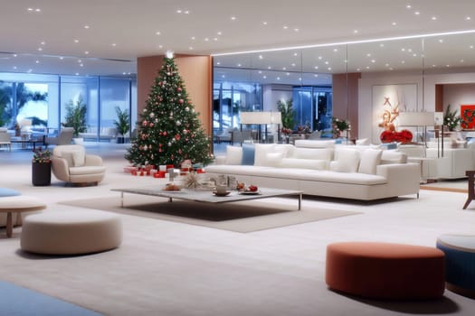 A modern living room features a beautifully adorned Christmas tree, inviting seating, and festive decorations, creating a warm holiday atmosphere.