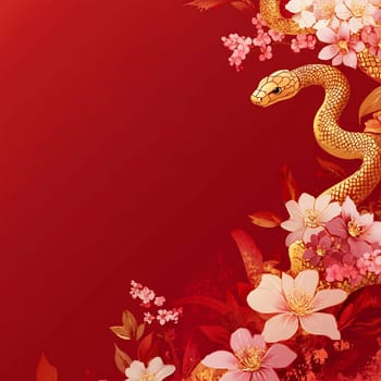 A golden snake weaves through delicate pink and white blooms, set against a vibrant red backdrop, evoking a sense of spring.