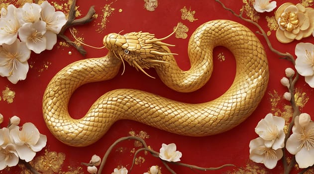 A detailed golden dragon coils gracefully around delicate white flowers, set against a vibrant red backdrop that signifies enrichment.