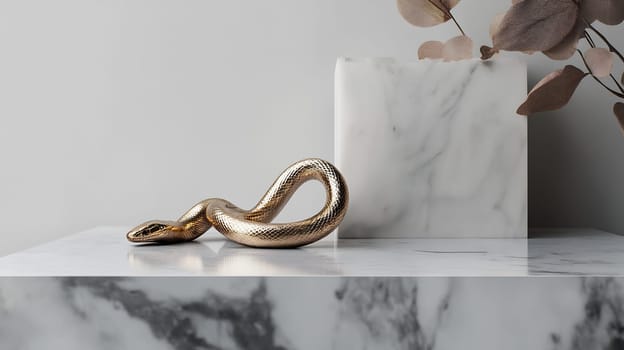 A golden snake decoration rests artfully on a marble surface alongside a stylish arrangement of dried leaves, enhancing contemporary decor.