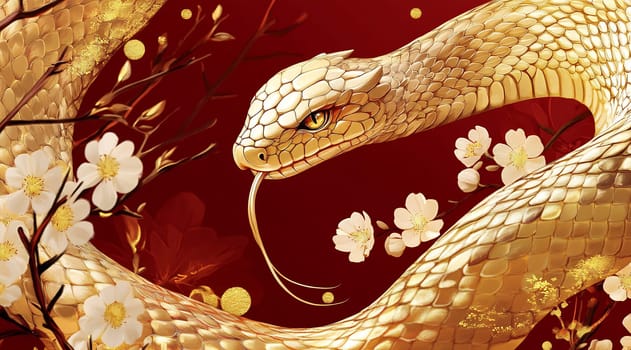 A stunning golden serpent gracefully moves through delicate white flowers against a vibrant red backdrop, highlighting intricate scales and nature.