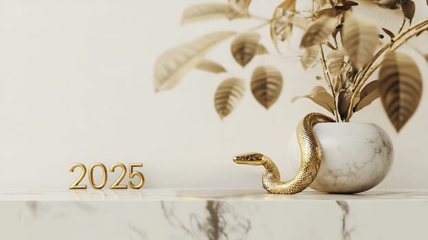 A golden snake rests beside a stylish plant and the number 2025, representing fresh beginnings and hopes for the upcoming year.