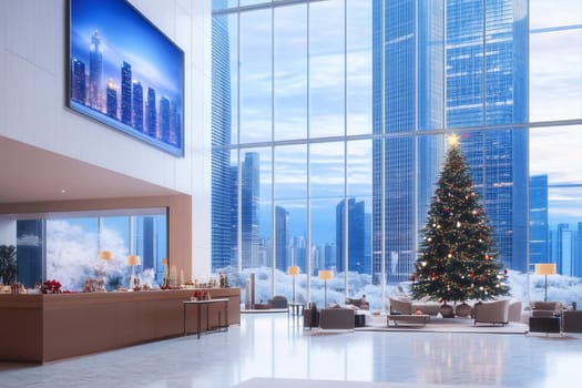 The lobby features a tall Christmas tree adorned with lights and ornaments, blending the festive spirit with a city skyline backdrop.