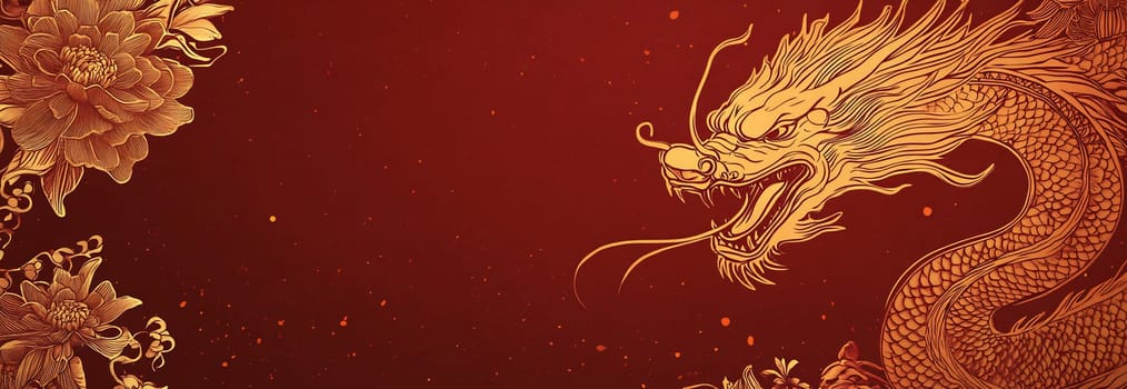A majestic golden dragon is depicted alongside beautiful floral elements, creating a vibrant and energetic composition.