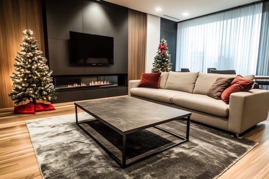 A warm and inviting living room features a stylish sofa, a modern fireplace, and beautifully decorated Christmas trees, creating a festive atmosphere.