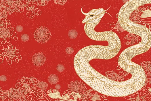 A beautifully designed golden snake coils against a vivid red background, surrounded by detailed floral patterns representing strength and renewal.