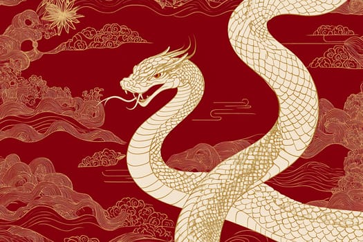A majestic white dragon twists gracefully through stylized clouds on a vibrant red backdrop, embodying strength and elegance.