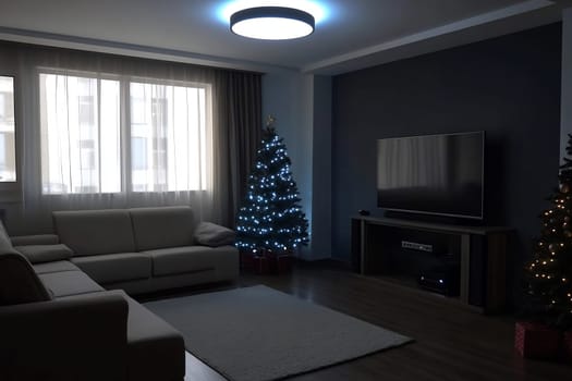 A warmly lit living room features two Christmas trees with twinkling lights, a comfortable sofa, and a large television against a dark wall.