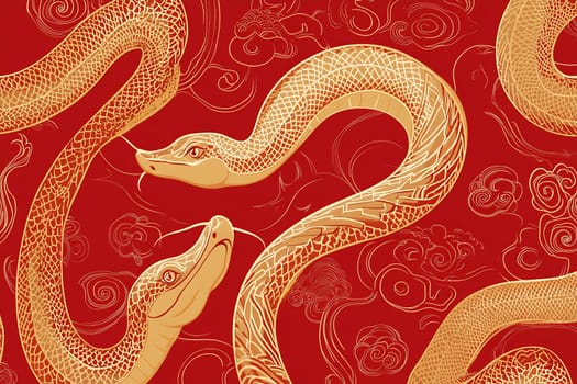 Two intricately designed golden snakes weave around each other on a vivid red backdrop, creating a striking visual effect.