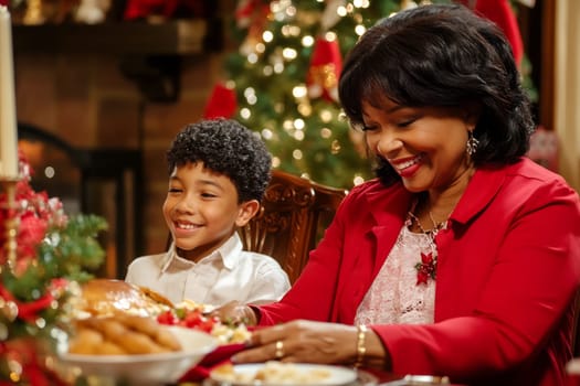 Grandmother and grandson smile as they enjoy a holiday meal together in a beautifully decorated dining space filled with festive spirit.