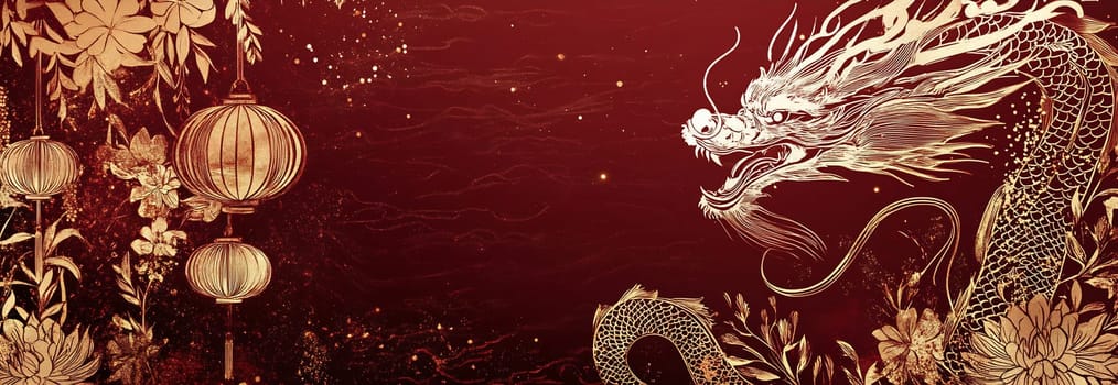 A majestic golden dragon weaves through vibrant floral patterns and lanterns on a rich red backdrop, embodying tradition and festivity.