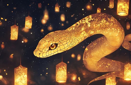 A golden snake moves elegantly amidst a dark sky, surrounded by floating lanterns that emit a warm, gentle glow.