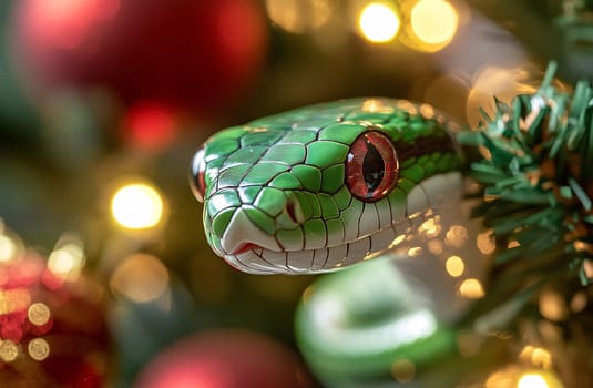 A vibrant green snake is nestled within Christmas decorations, surrounded by sparkling lights and colorful ornaments.