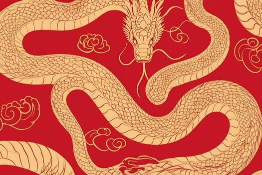 A golden dragon weaves through clouds on a rich red background, highlighting exquisite craftsmanship and cultural meaning.