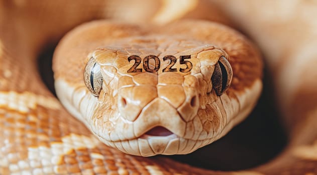 The close-up features a snake's head with the year 2025 inscribed, highlighting its unique patterns and textures in a natural setting.