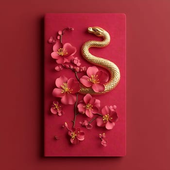 The striking red notebook features a golden snake entwined with delicate pink flowers, creating a stunning visual contrast and harmony.