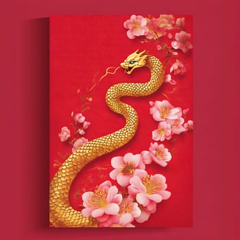A majestic golden dragon entwines through soft pink blossoms against a striking red backdrop, symbolizing heritage and vitality.