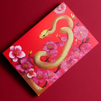 A decorative red envelope displays intricate art of a golden snake intertwined with pink flowers, celebrating cultural traditions and prosperity.