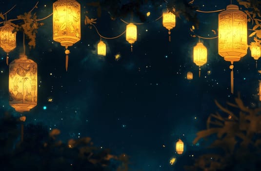 Delicate lanterns hang amidst lush greenery, casting a warm glow against a starry night backdrop filled with tranquility.