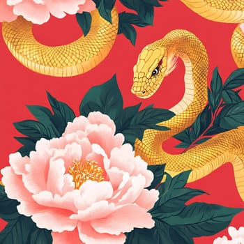 A golden snake gracefully weaves through blooming pink peonies, creating a striking contrast against a vivid red backdrop.