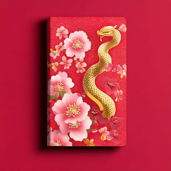 The notebook showcases a striking golden dragon entwined with delicate pink flowers, set against a rich red background.