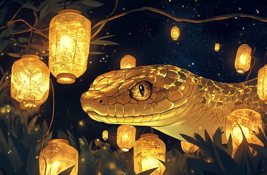 A golden snake glides through a tranquil scene filled with glowing lanterns and a starry sky, creating a magical atmosphere.