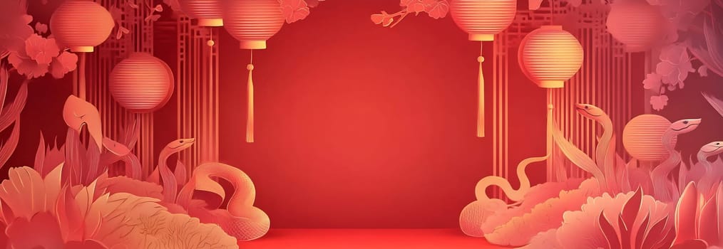 Bright red background featuring lanterns and floral designs, creating a festive atmosphere perfect for celebrations and events.