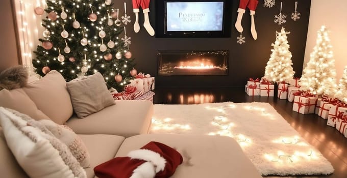 A warm and inviting living room decorated with Christmas trees, twinkling lights, and wrapped presents awaits festive celebrations.