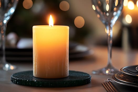 A glowing candle sits on a dark coaster, illuminating a cozy dinner table adorned with elegant glassware and soft bokeh lights.