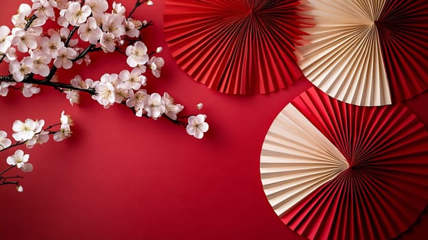 Decorative fans in red and cream are arranged beside delicate cherry blossoms on a striking red background, creating a festive atmosphere.
