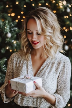 A woman with blonde hair smiles as she holds a wrapped present near a beautifully lit Christmas tree filled with ornaments.