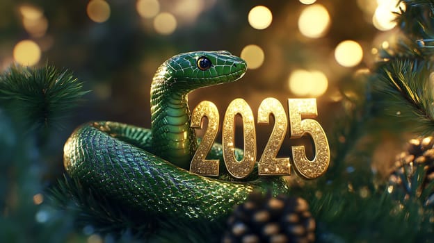 A green snake gracefully coils around large golden numbers that signify 2025, surrounded by a festive, sparkling atmosphere.