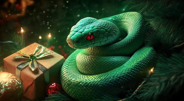 A green snake rests gracefully around a wrapped gift, surrounded by twinkling lights and holiday decorations, creating a magical scene.
