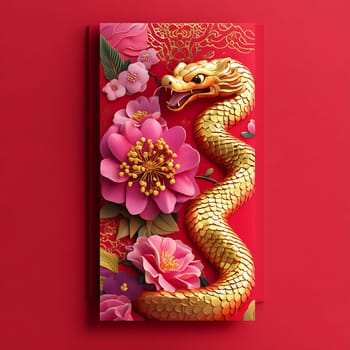 A striking golden dragon weaves through colorful flowers against a bold red backdrop, embodying joy and cultural significance during celebrations.