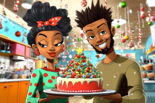 A couple smiles while holding a vibrant Christmas cake, surrounded by holiday decorations in a cozy kitchen setting.