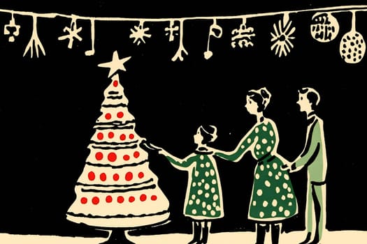 A family stands together, admiring their beautifully decorated Christmas tree with colorful ornaments and a shining star on top.