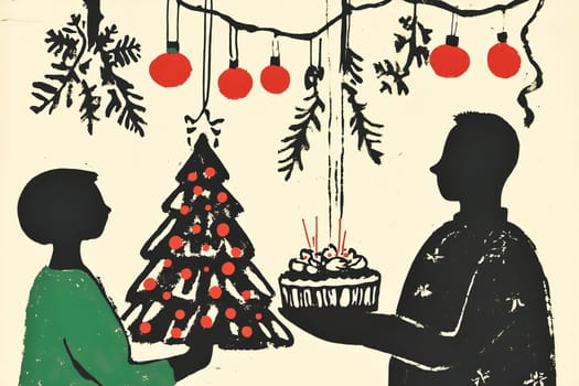 A young child and an adult share a joyful moment during the holidays, presenting a colorful Christmas tree and a delicious cake together.