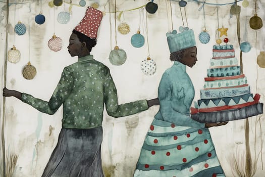 A joyful gathering unfolds as two individuals, wearing vibrant hats, engage in celebration, one carrying a beautifully crafted cake.
