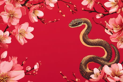 The scene features a detailed depiction of a snake among delicate pink blossoms, creating a striking contrast with the red backdrop.