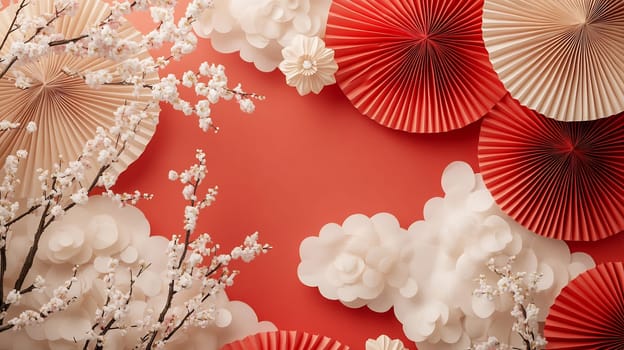 Colorful paper fans and delicate cherry blossoms create a cheerful and festive atmosphere on a bright coral backdrop.