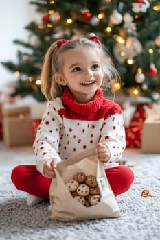 A young girl with pigtails smiles brightly while reaching into a bag filled with cookies in a cozy holiday setting.
