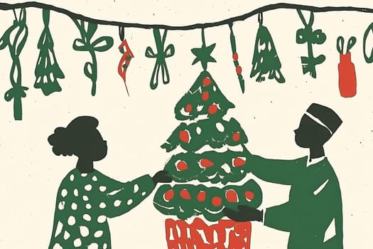 Two individuals joyfully decorate a Christmas tree with bright ornaments while surrounded by holiday decorations in a cozy atmosphere.
