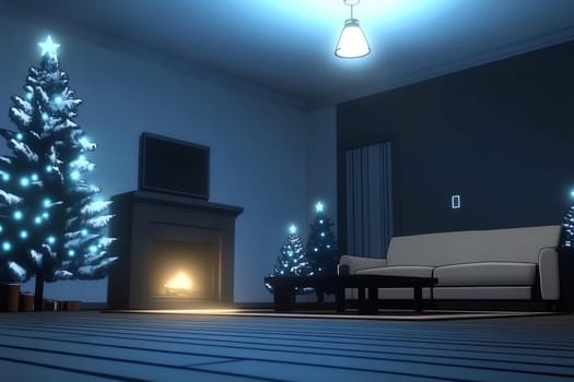 A warm and inviting living room features illuminated Christmas trees and a glowing fireplace, perfect for a cozy winter night.