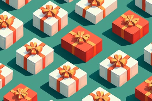 A variety of vibrant gift boxes with bows sit uniformly on a green surface, ready for special occasions and festivities.