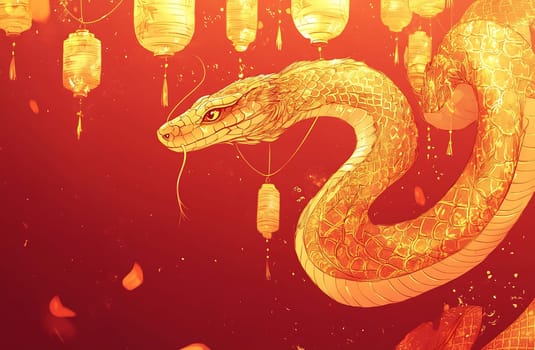 A striking golden snake gracefully weaves among glowing lanterns, creating a festive atmosphere filled with color and light.