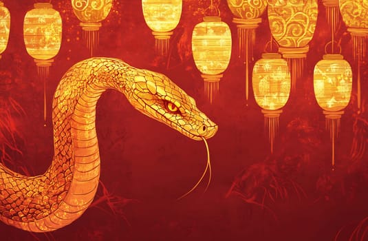 The golden snake moves elegantly below the bright lanterns during a vibrant cultural festival, showcasing traditional artistry.